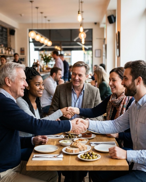 Groupe de 5 personnes qui trinquent au restaurant