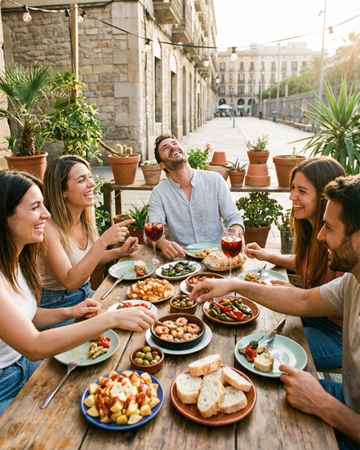 Groupe souriant devant leurs plats